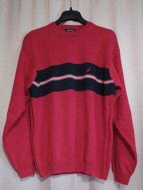 Nautica Red Navy Stripe Chest Band Cotton Knit Crewneck Sweater Plus Size XXL